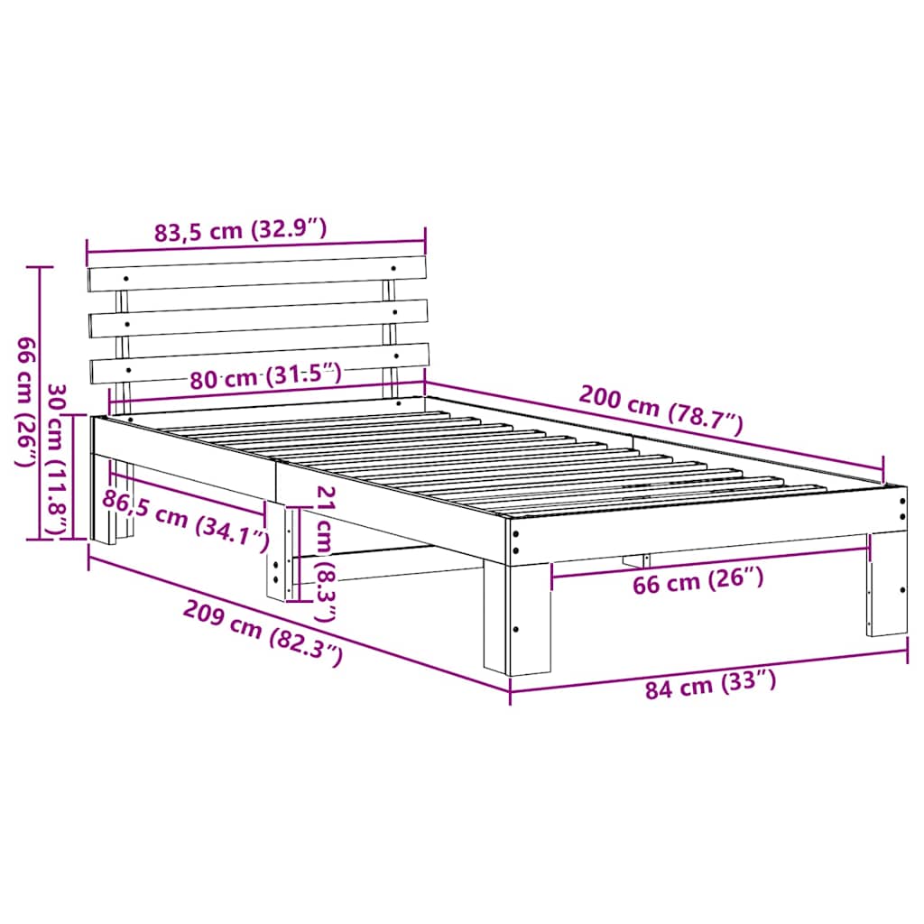 Sengestamme med hodegjerde Naturlig 80 x 200 cm Massiv furu