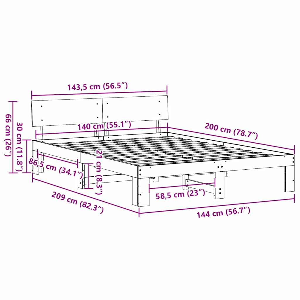 Sengestamme med hodegjerde Brun 140 x 200 cm Massivt furutre