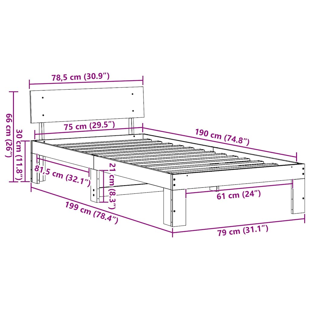 Sengestamme med hodegjerde Naturlig 75 x 190 cm Massiv furu