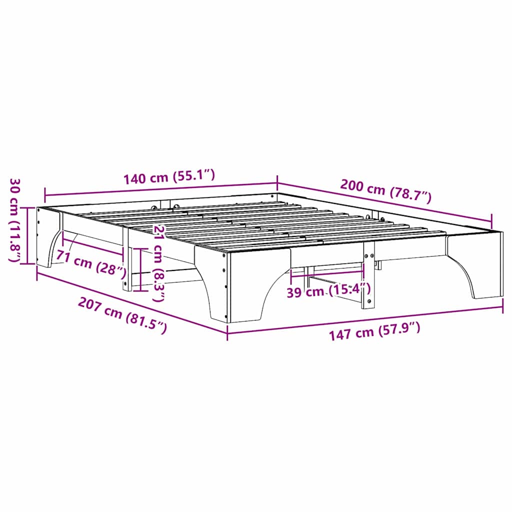 Sengestamme Massiv furu 207 x 147 x 30 cm Heltre furu