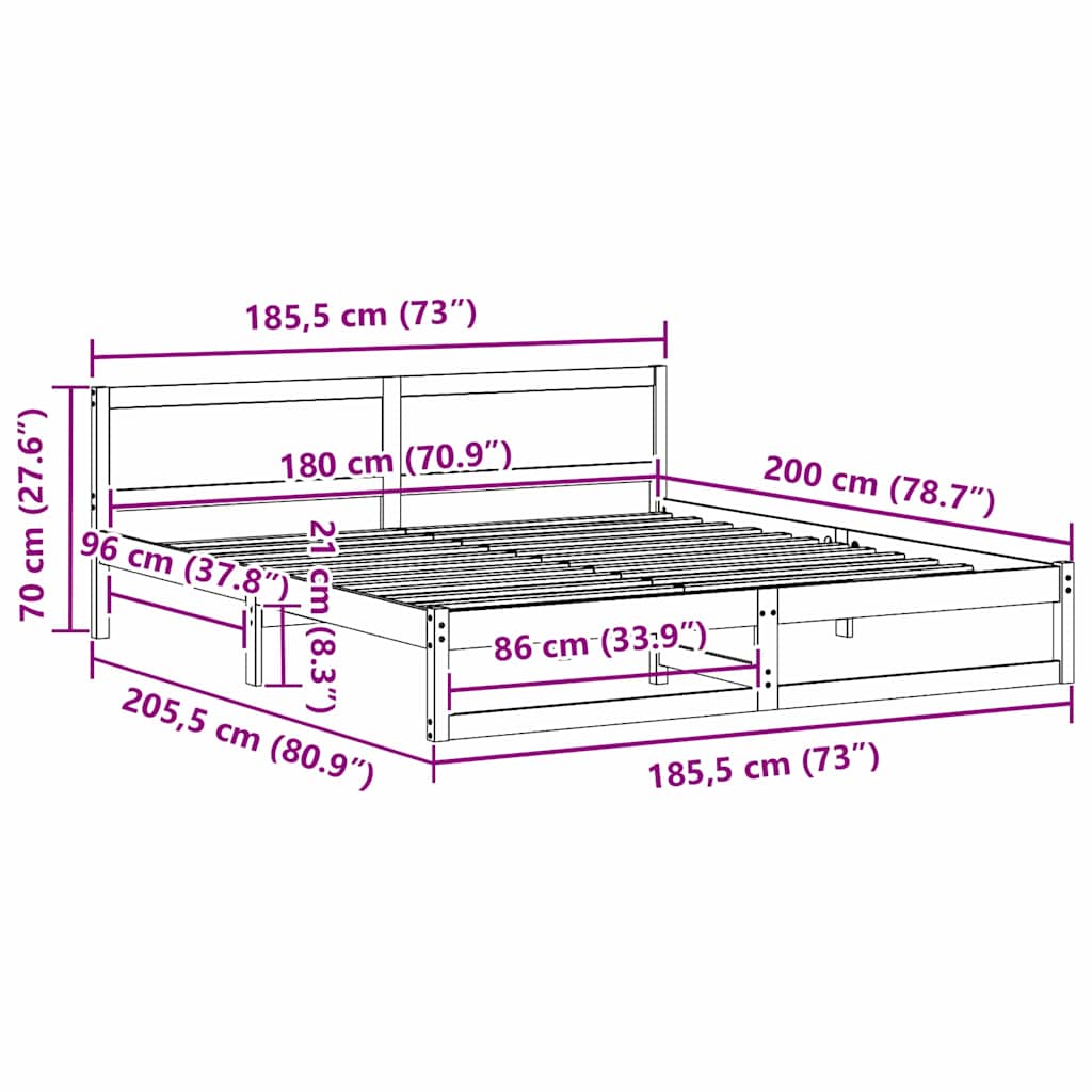 Sengestamme med hodegjerde Naturlig 180 x 200 cm Massiv furu
