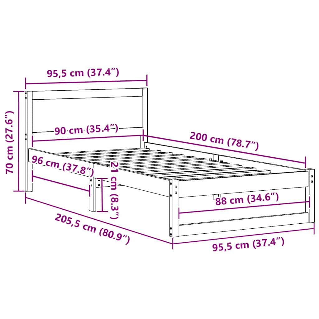 Sengestamme med hodegjerde Naturlig 90 x 200 cm Massiv furu