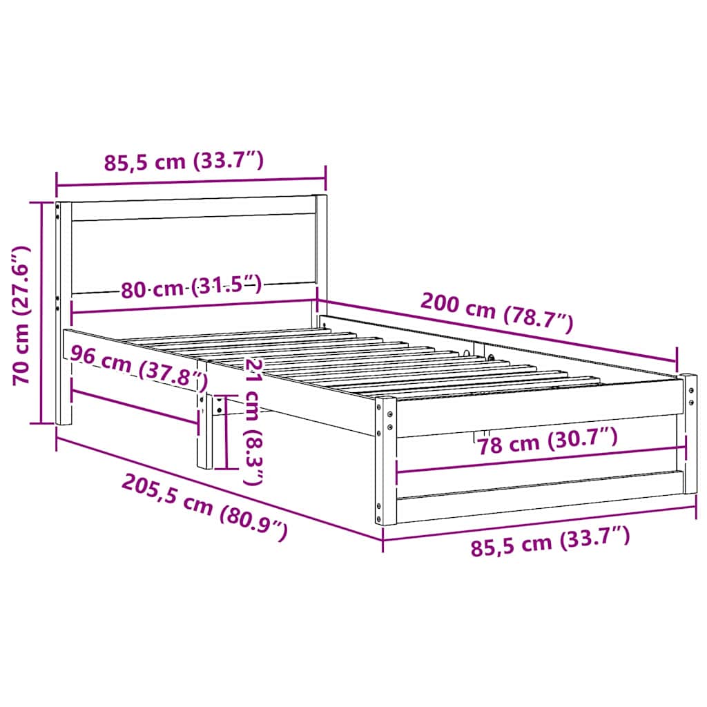 Sengestamme med hodegjerde Brun 80 x 200 cm Massivt furutre