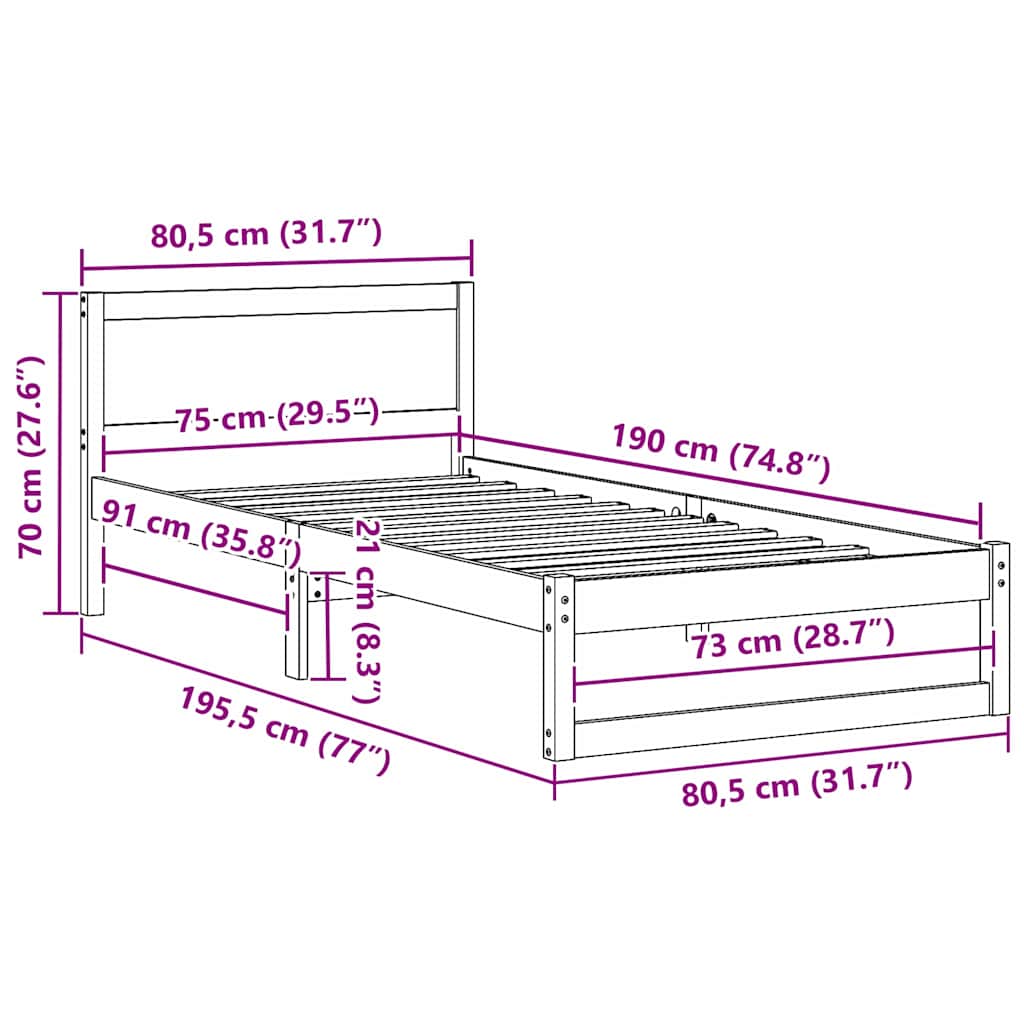 Sengestamme med hodegjerde Naturlig 75 x 190 cm Massiv furu
