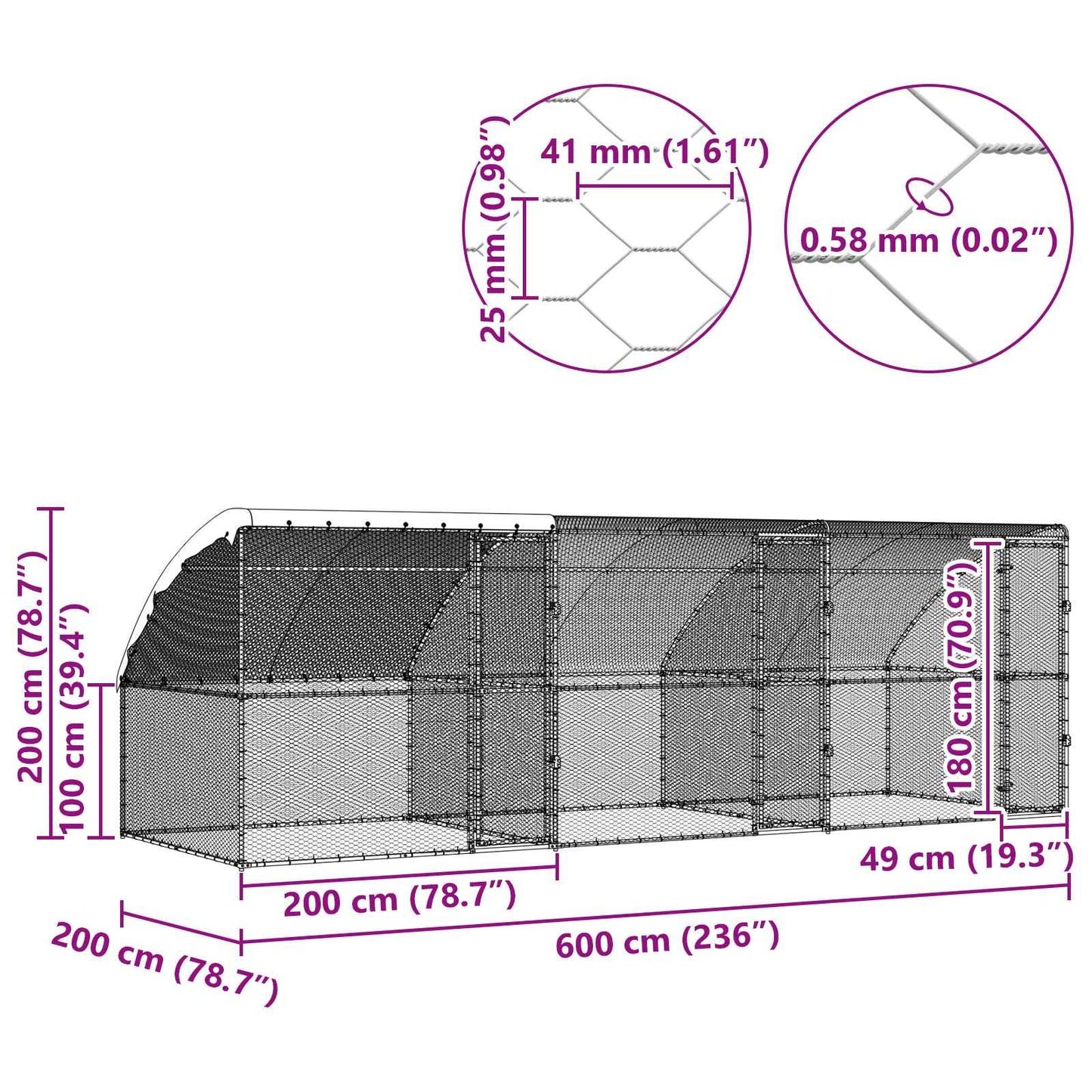 Hønsebur 3 pcs sølv 600 x 200 x 200 cm Stål og PE