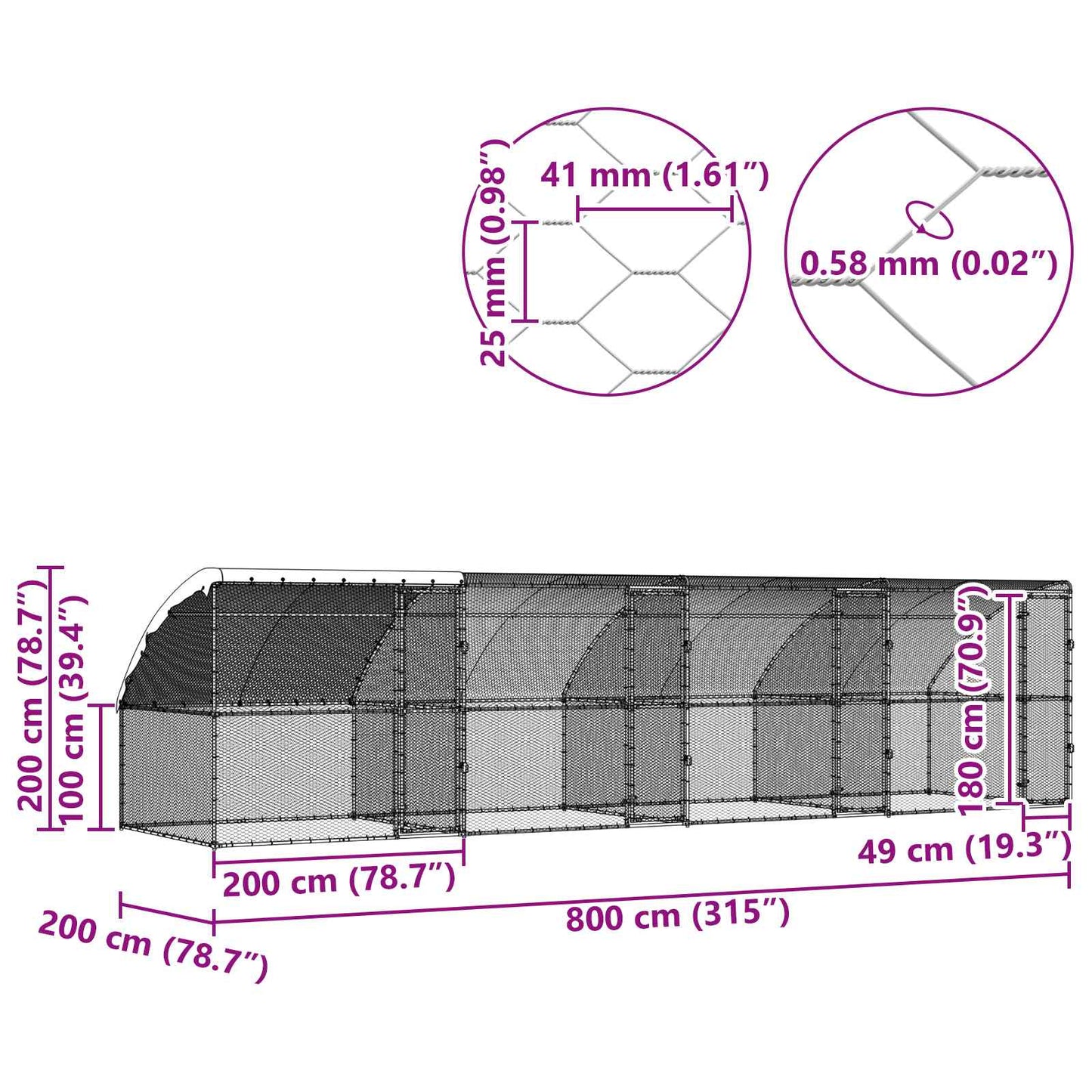 Hønsebur 4 pcs sølv 800 x 200 x 200 cm Stål og PE