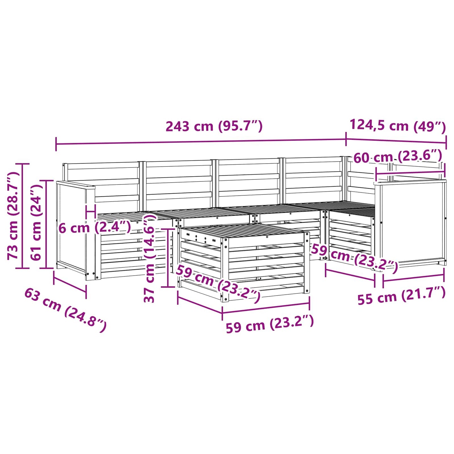 Seksjonssofa Sett 5 pcs Naturlig Solid akasietre