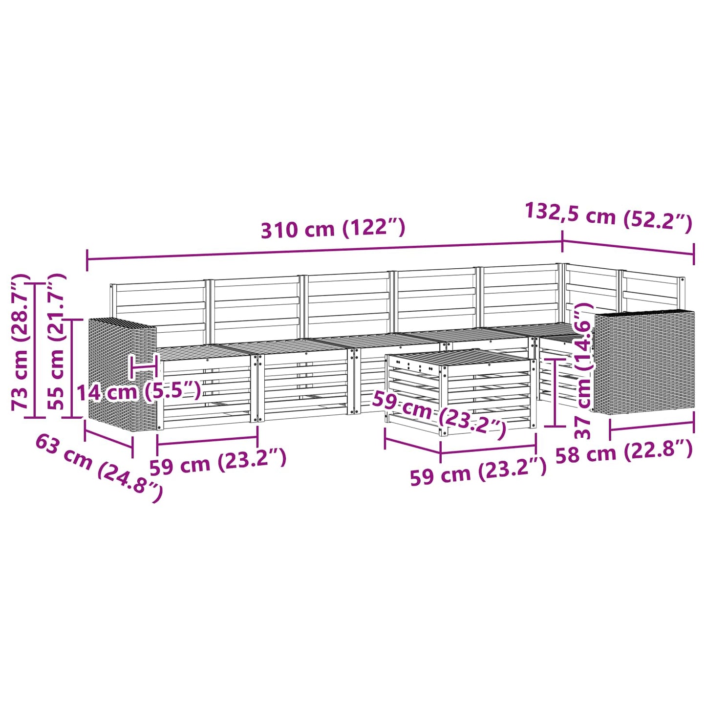 Seksjonssofa Sett 7 pcs Naturlig Solid akasietre