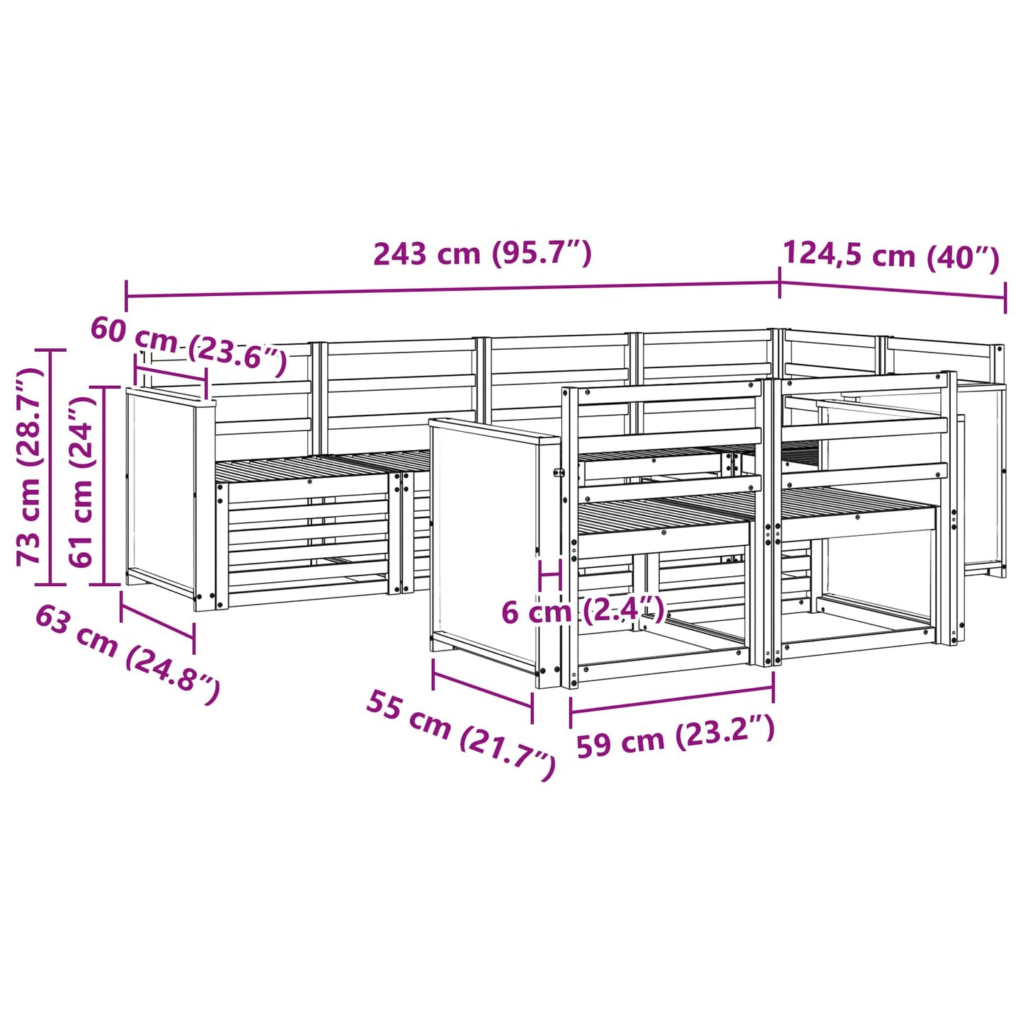 Seksjonssofa Sett 6 pcs Naturlig Solid akasietre