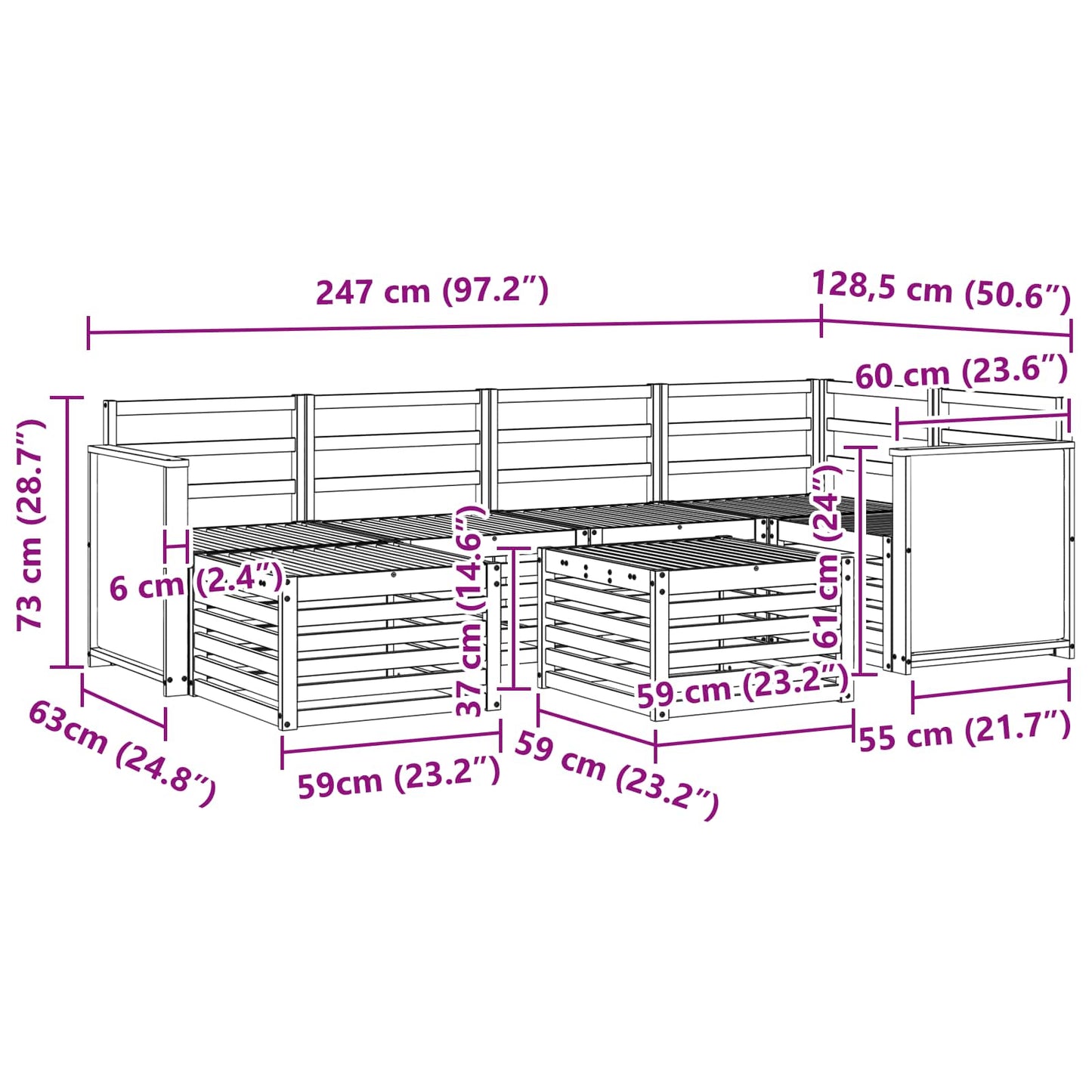 Seksjonssofa Sett 6 pcs Naturlig Solid akasietre