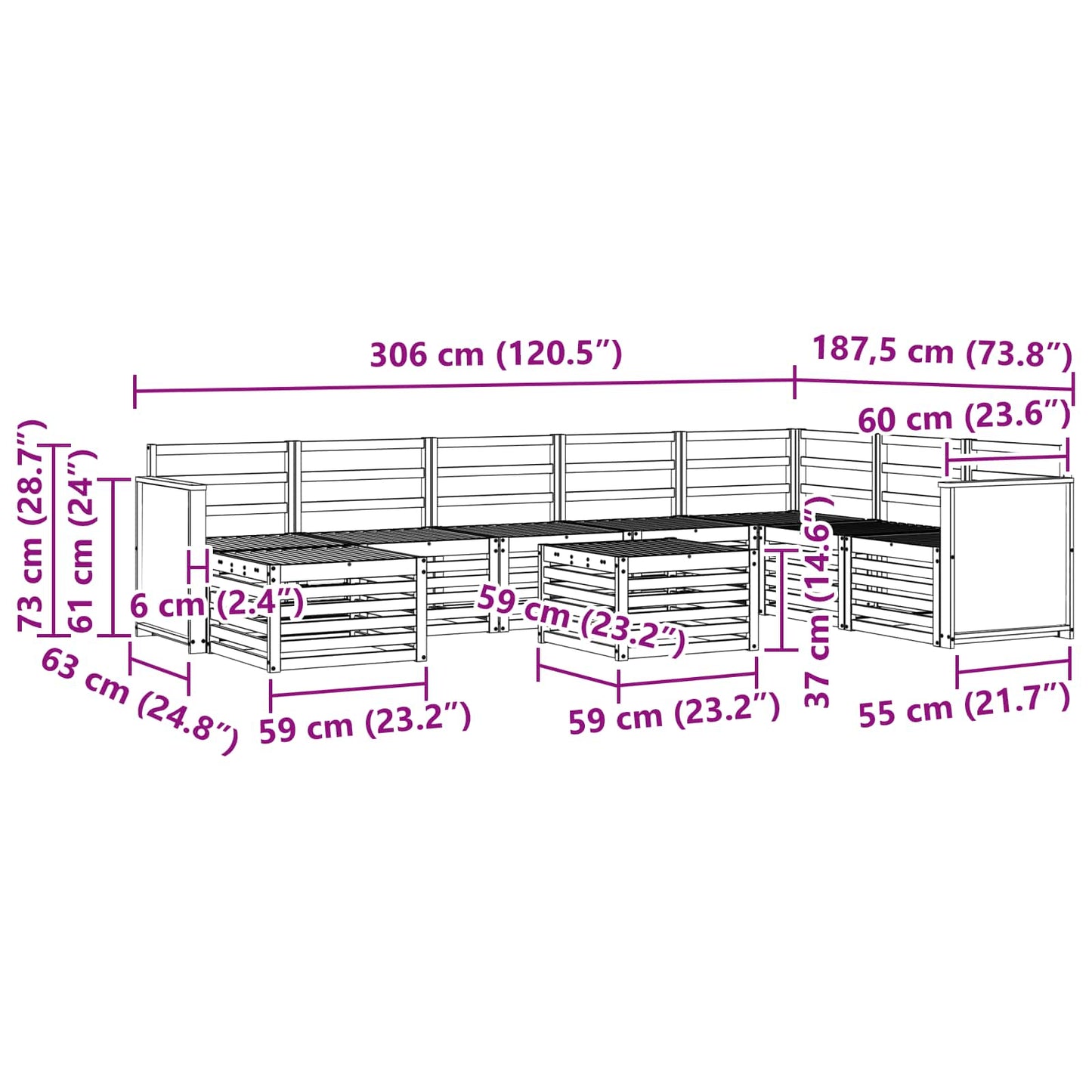 Utendørs sofa-sett 7 pcs Naturlig Solid akasietre