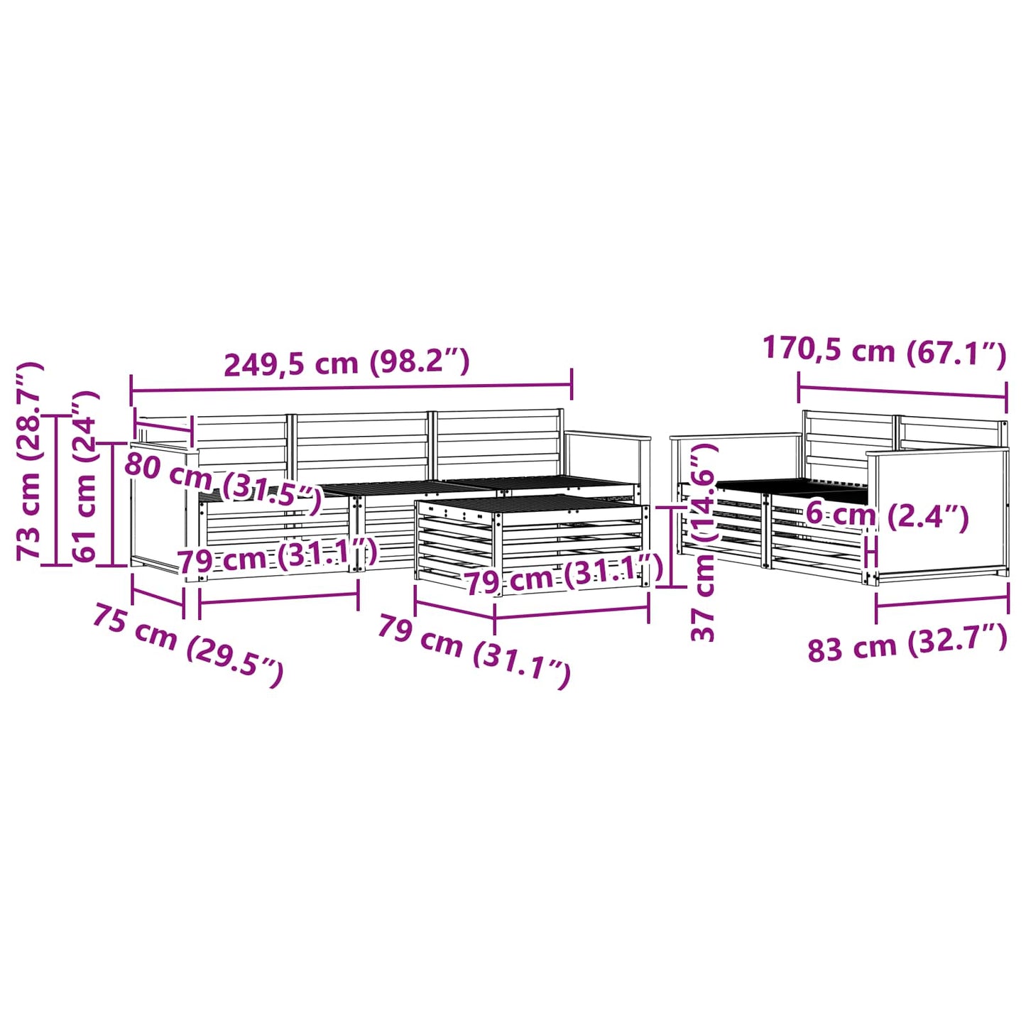 Utendørs sofa-sett 6 pcs Naturlig Solid akasietre