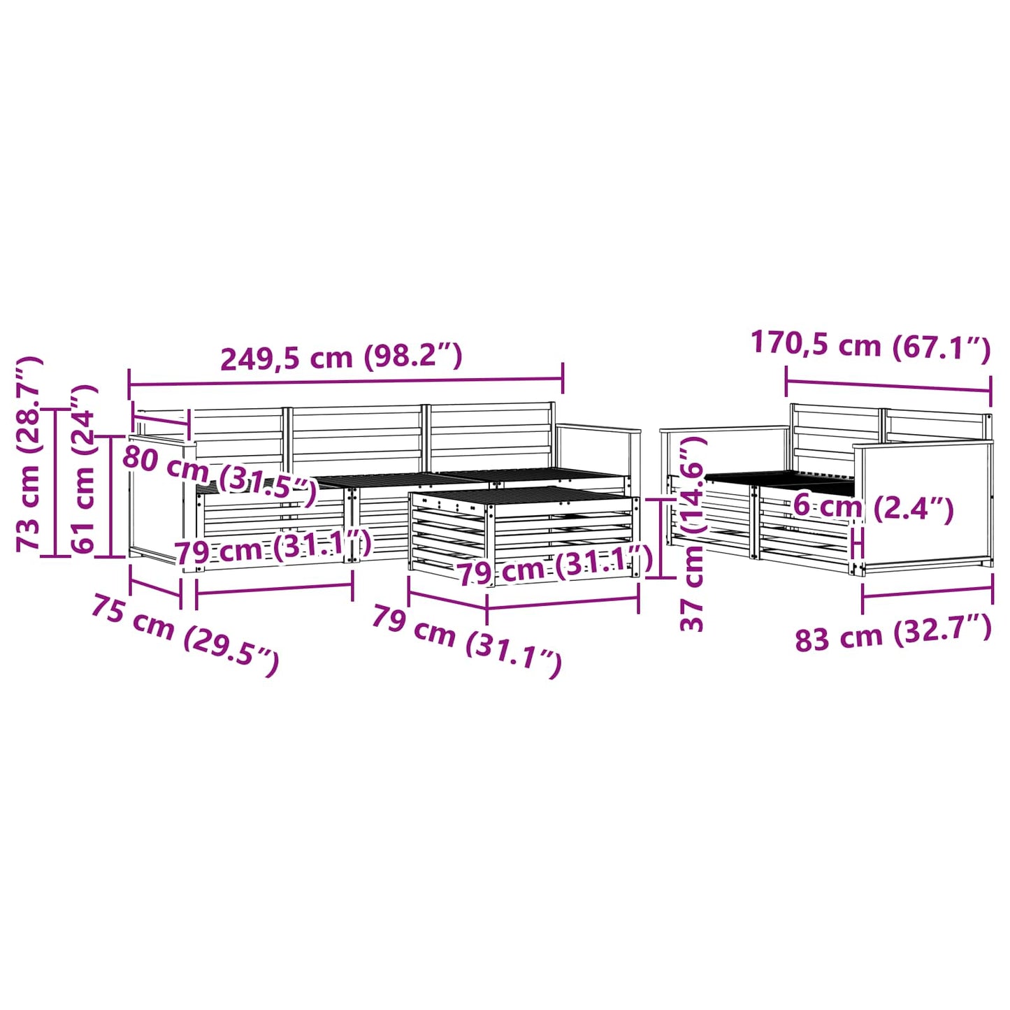 Utendørs sofa-sett 6 pcs Naturlig Solid akasietre