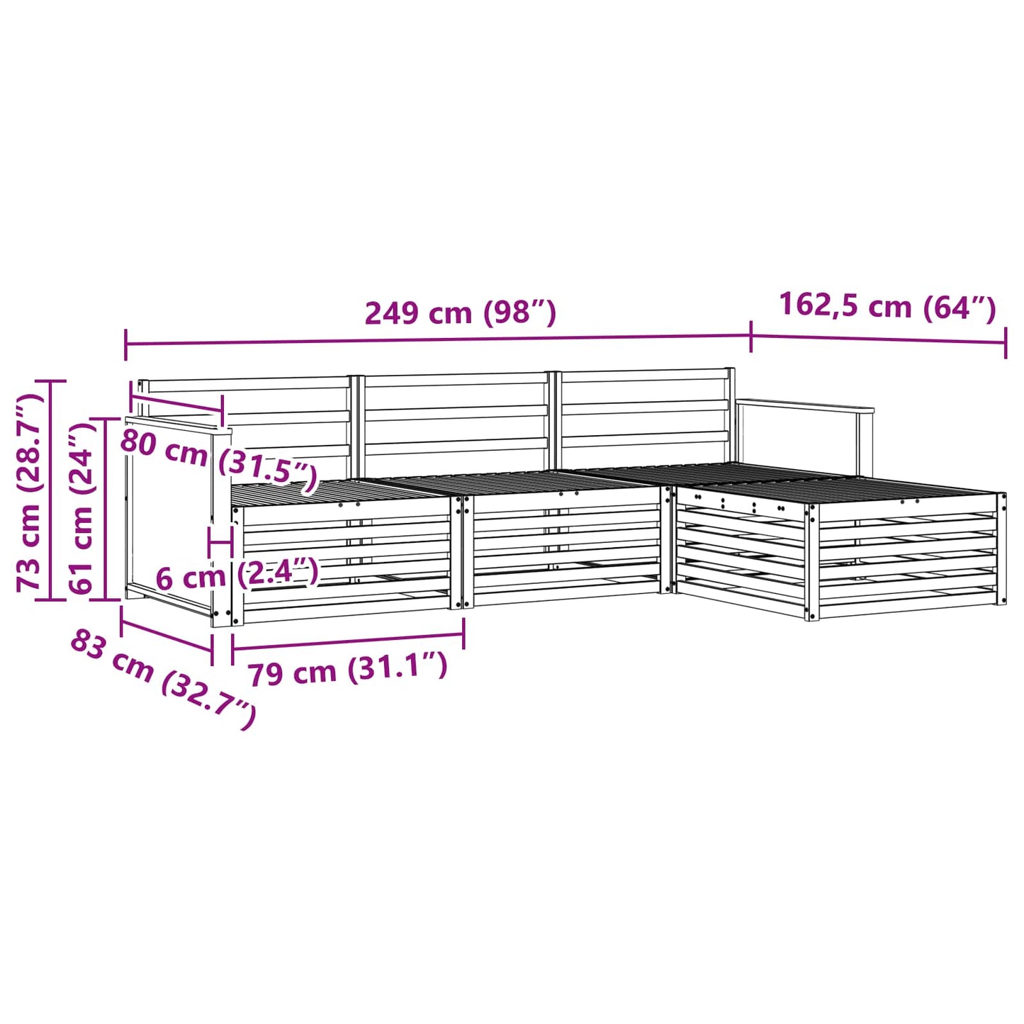 Utendørs sofa-sett Naturlig 249 x 162,5 x 73 cm Solid akasietre