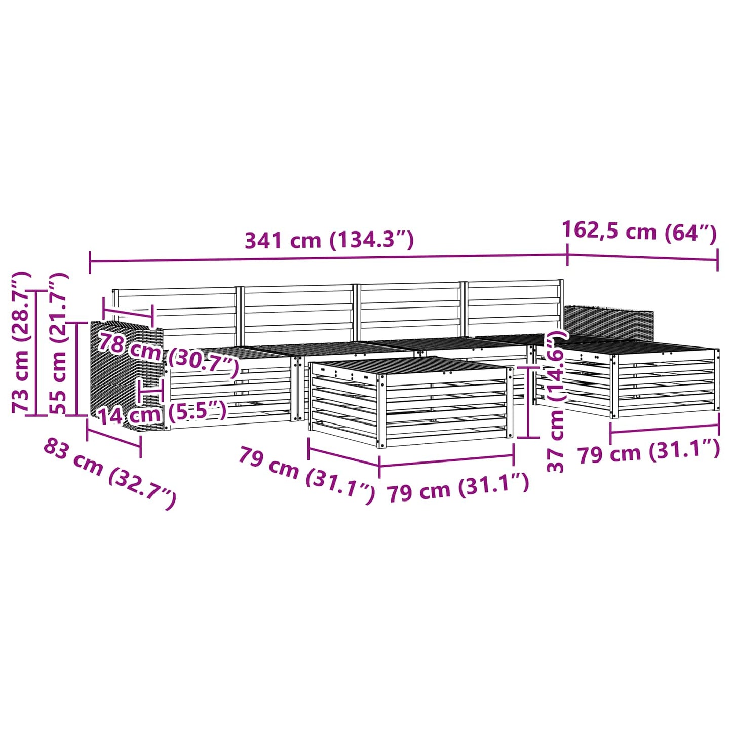 Utendørs sofa-sett 6 pcs Naturlig 79 x 79 x 37 cm
