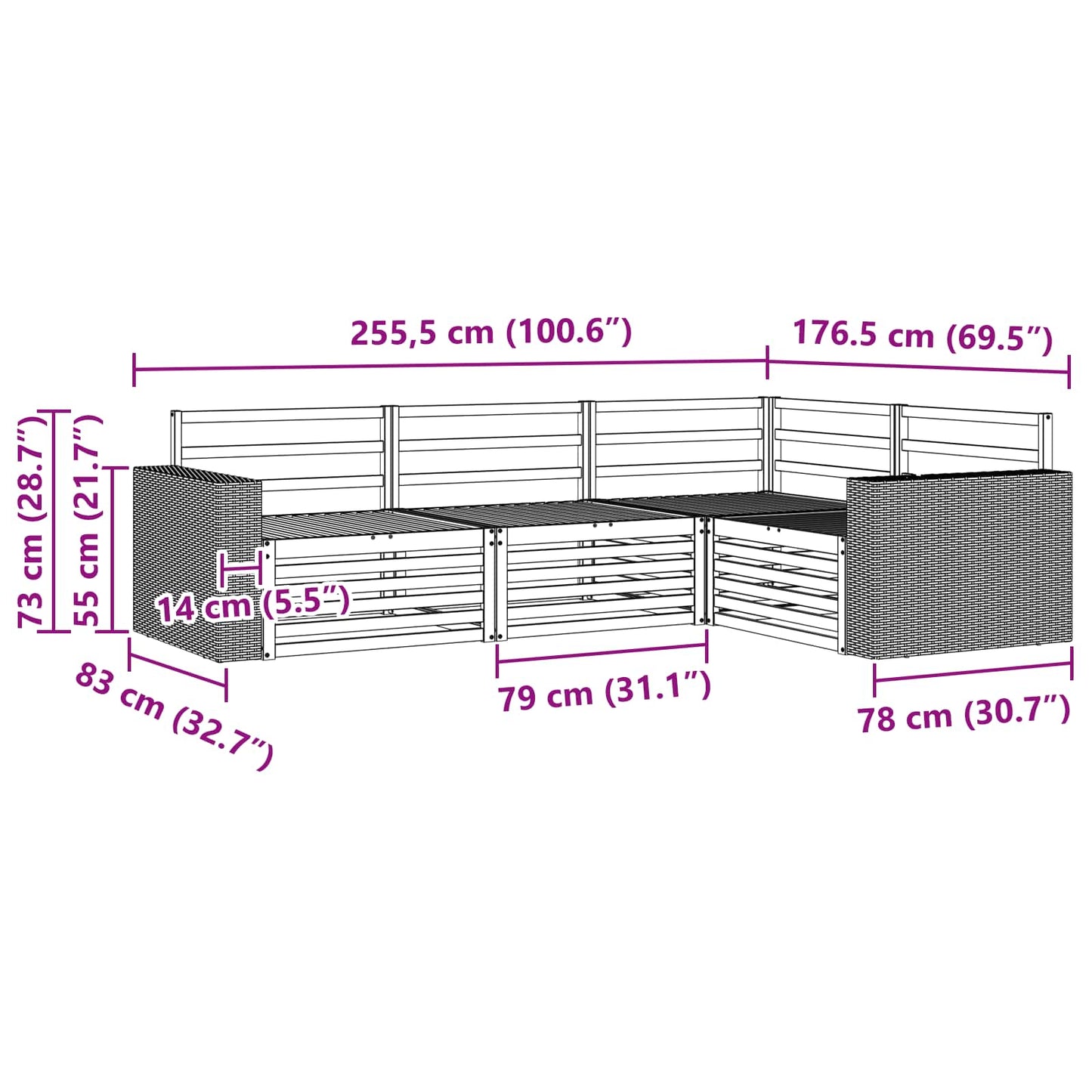 Utendørs sofa-sett 4 pcs Naturlig 255,5 x 176,5 x 73 cm
