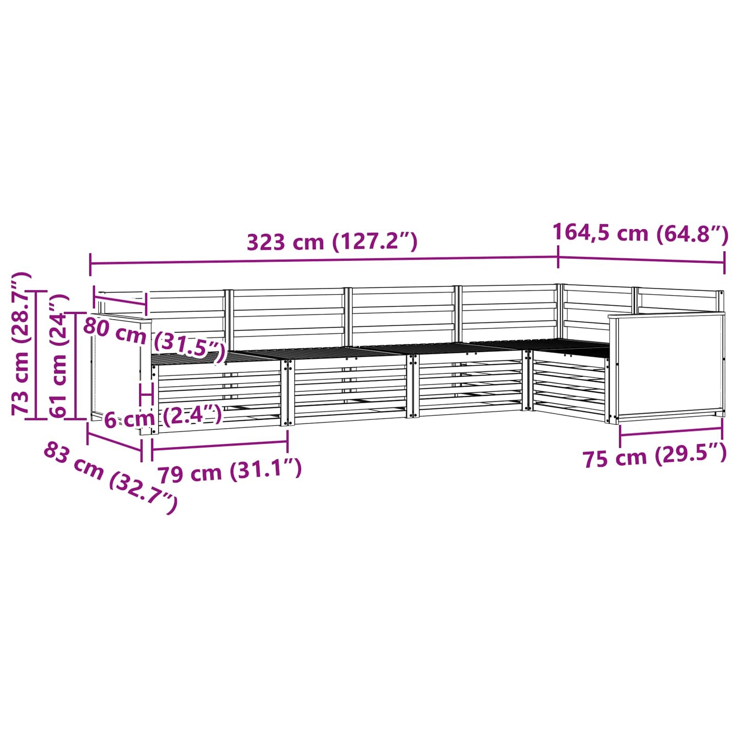 Utendørs sofa-sett 5 pcs Naturlig 323 x 164,5 x 73 cm