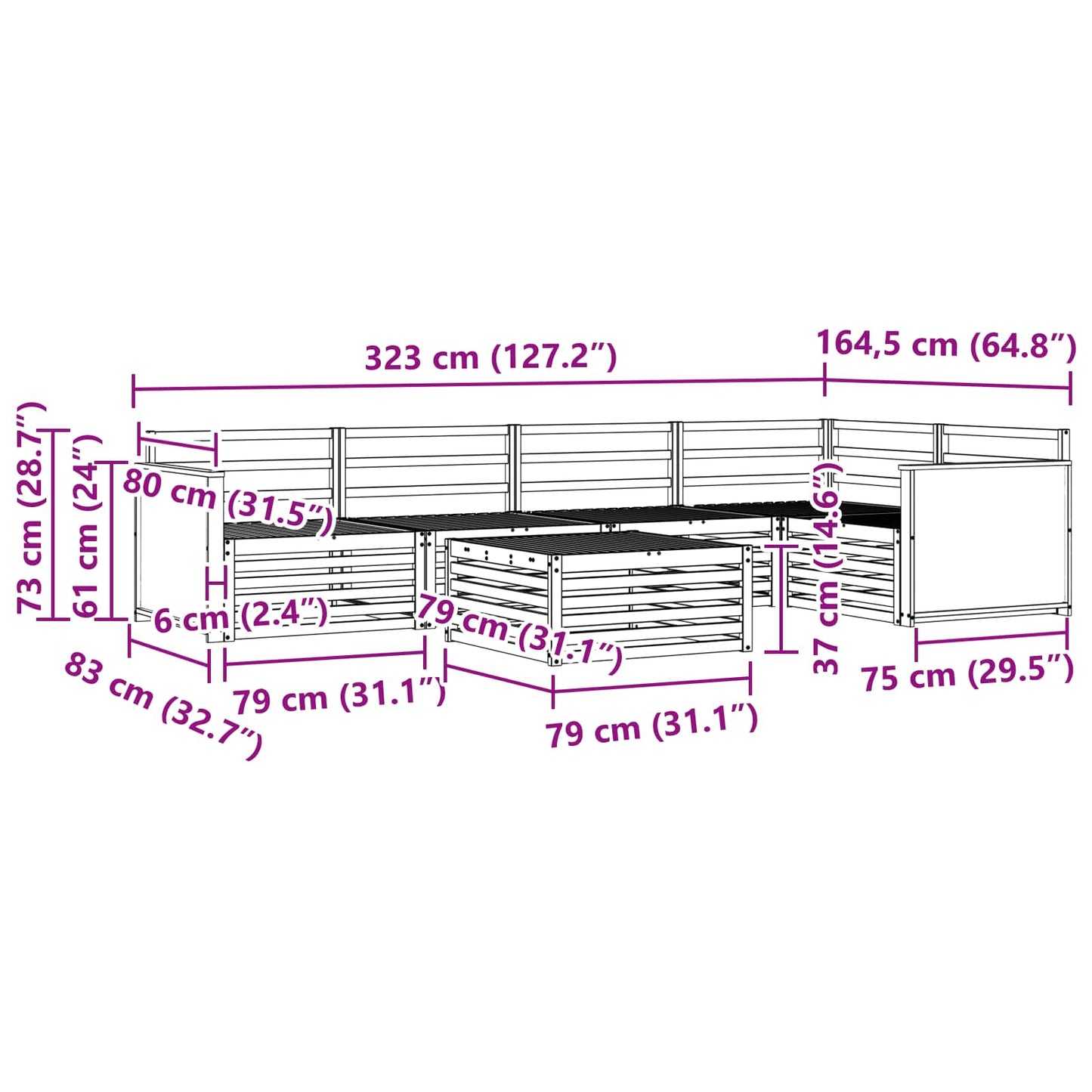 Utendørs sofa-sett 6 pcs Naturlig Solid akasietre