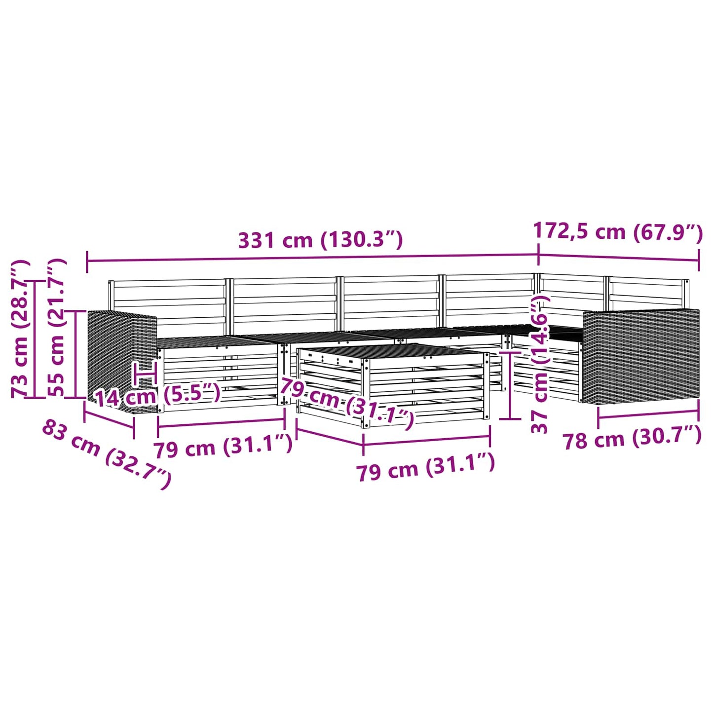 Utendørs sofa-sett 6 pcs Naturlig 79 x 79 x 37 cm
