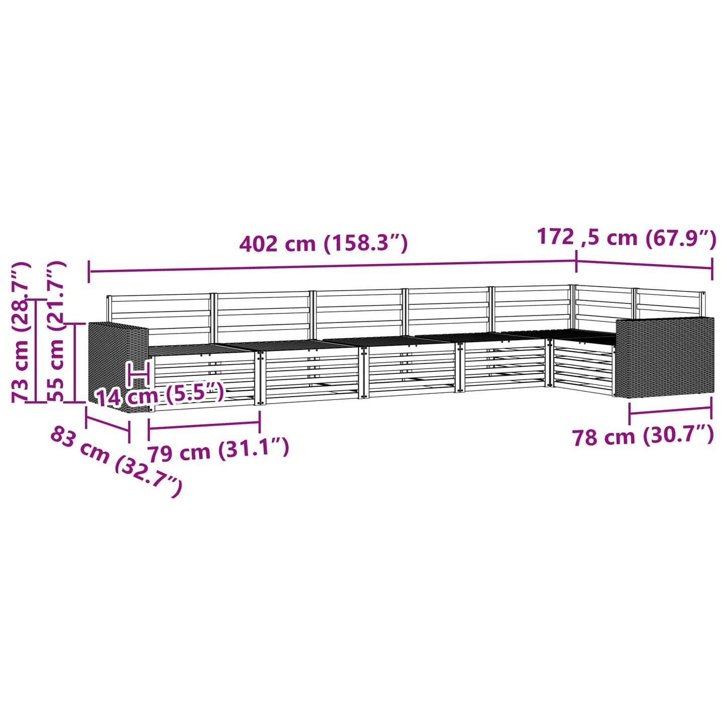 Utendørs sofa-sett 6 pcs Naturlig 402 x 172,5 x 73 cm