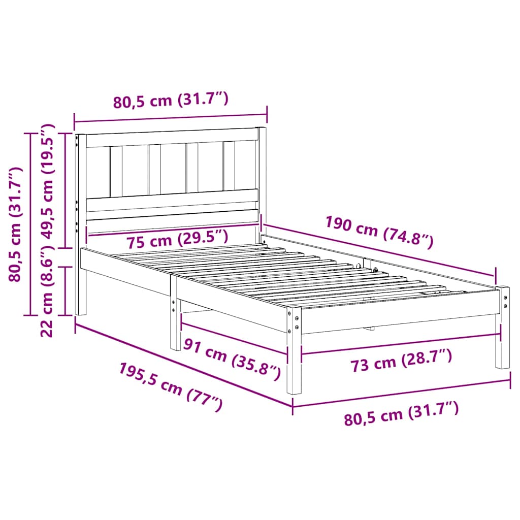Sengestamme med hodegjerde Brun 75 x 190 cm Massiv furu