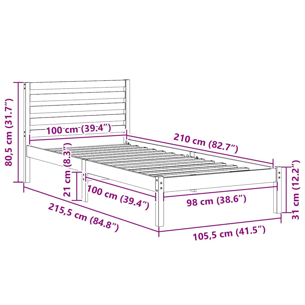 Sengestamme med hodegjerde Hvit 100 x 210 cm Massiv furu
