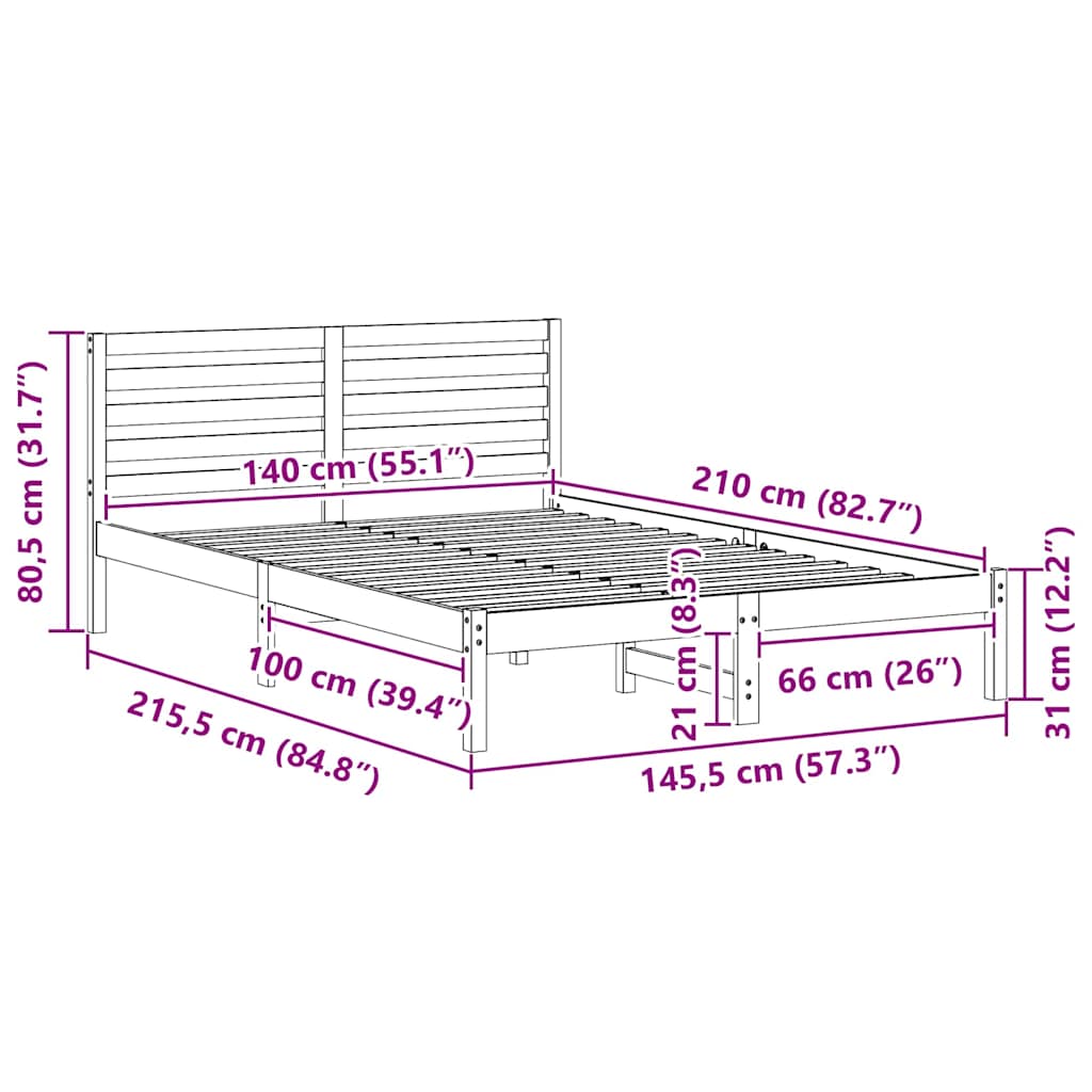 Sengestamme med hodegjerde Vokset Brun 140 x 210 cm Massiv furu