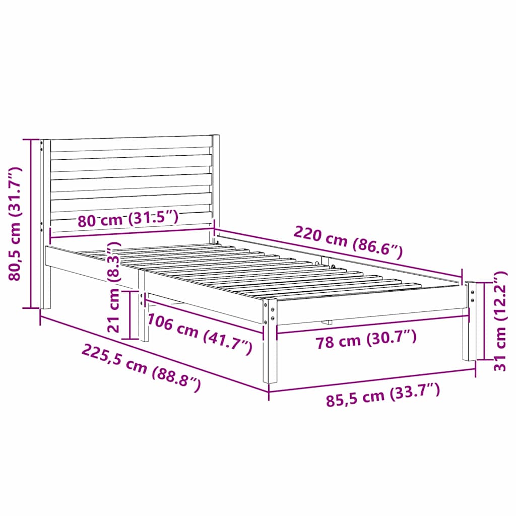 Sengestamme med hodegjerde Vokset Brun 80 x 220 cm Massiv furu
