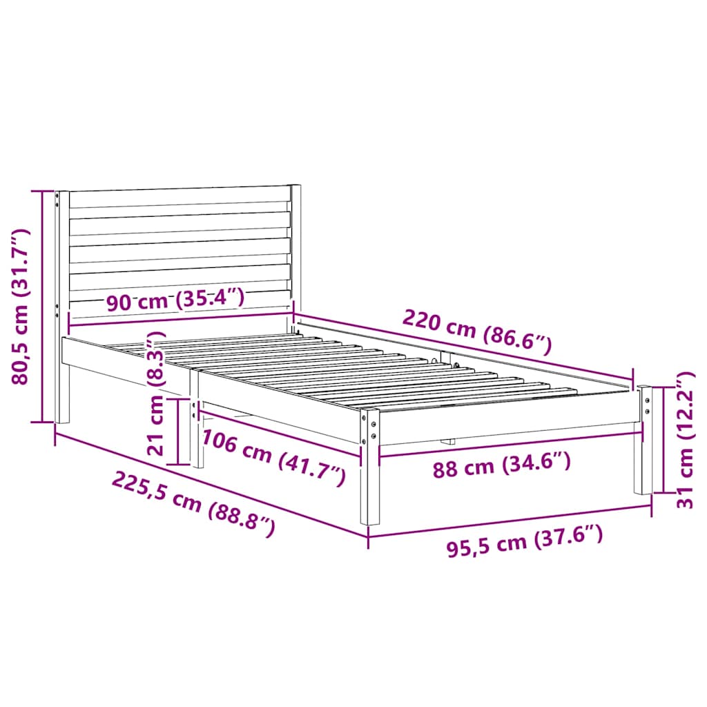 Sengestamme med hodegjerde Hvit 90 x 220 cm Massiv furu