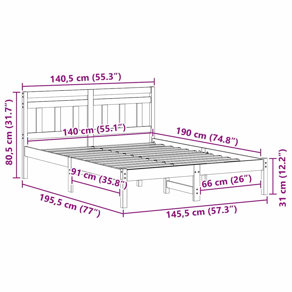 Sengestamme Hvit 140 x 190 cm Massiv furu