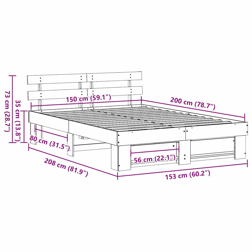 Sengestamme med hodegjerde Brun 150 x 200 cm Heltre furu