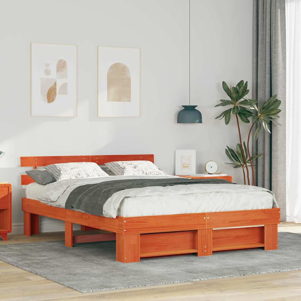 Sengestamme med hodegjerde Vokset Brun 150 x 200 cm Massiv furu