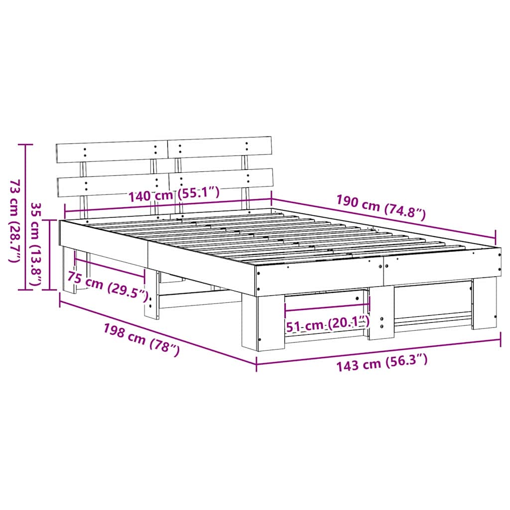 Sengestamme med hodegjerde Hvit 140 x 190 cm Massiv furu
