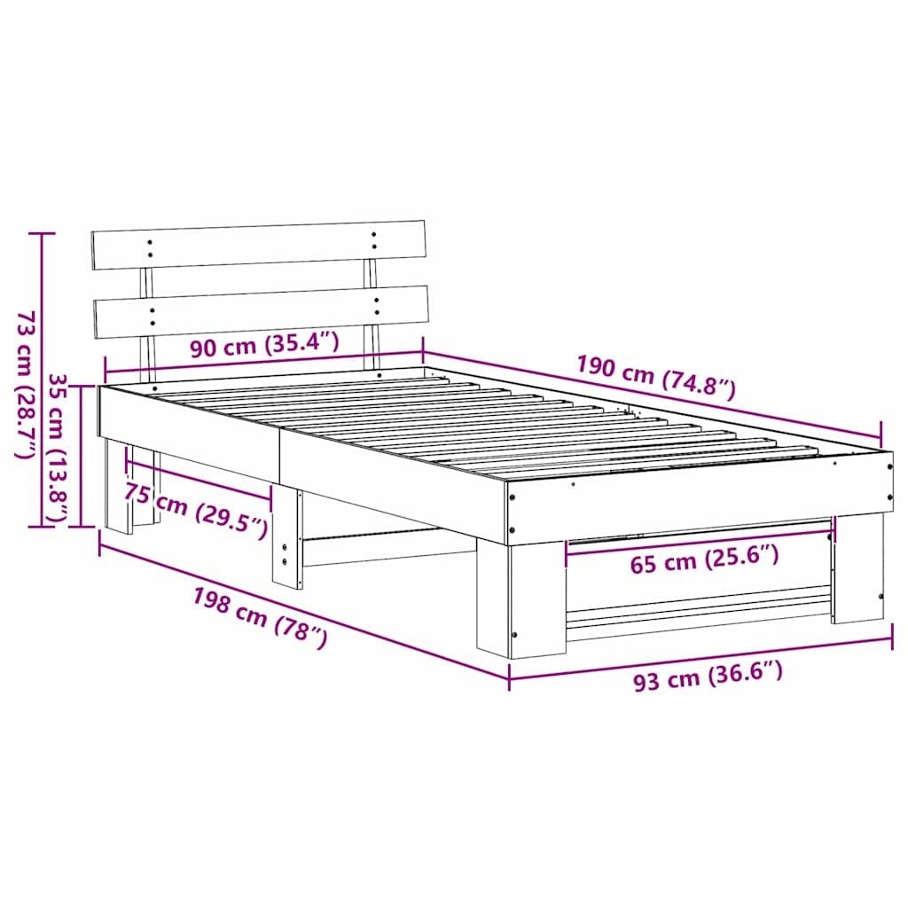 Sengestamme med hodegjerde Brun 90 x 190 cm Massiv furu