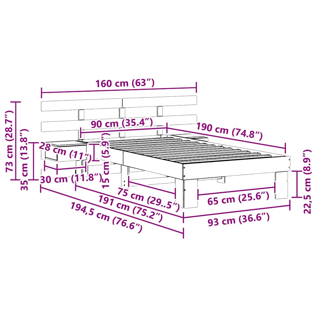 Sengestamme med hodegjerde Brun 90 x 190 cm Massiv furu