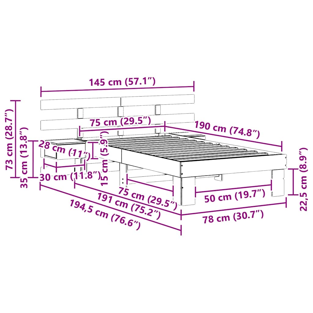 Sengestamme med hodegjerde Vokset Brun 75 x 190 cm Massiv furu