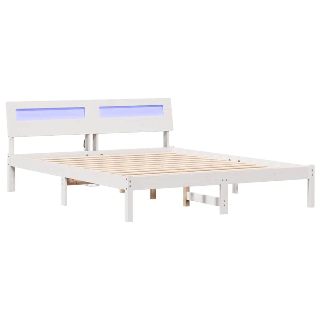 Sengestamme med LED -stripelys Hvit 160 x 200 cm Heltre furu