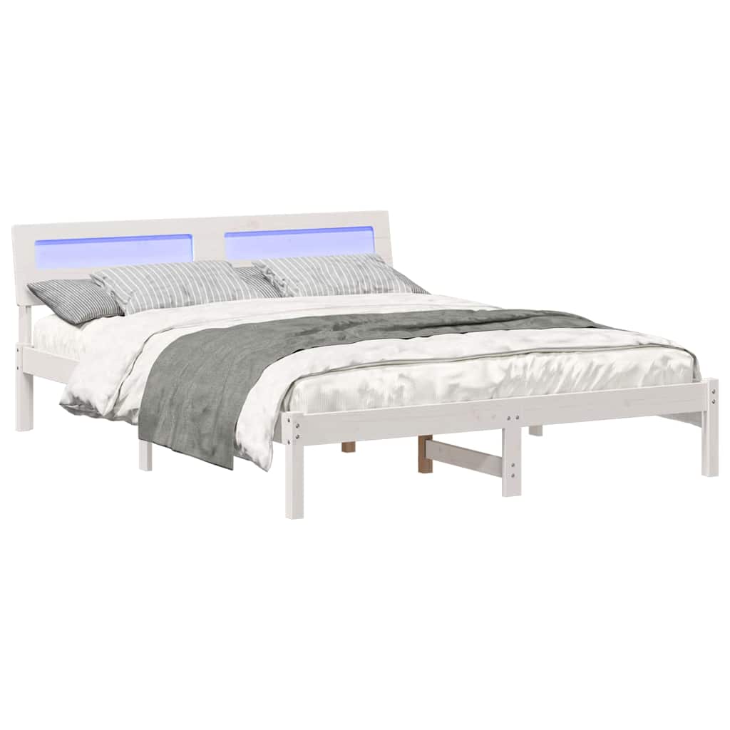 Sengestamme med LED -stripelys Hvit 160 x 200 cm Heltre furu