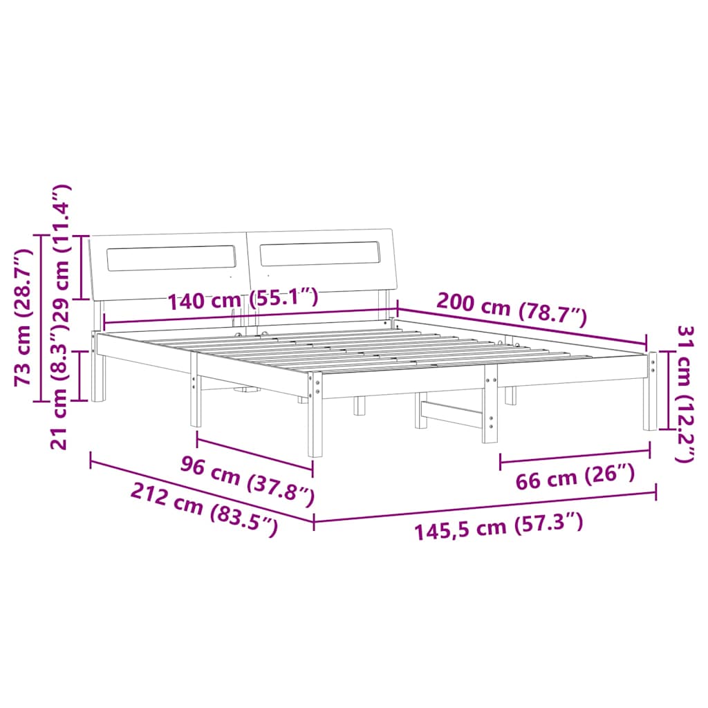 Sengestamme med LED -stripelys Brun 140 x 200 cm Heltre furu