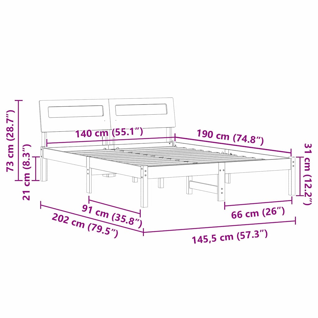 Sengestamme med LED -stripelys Hvit 140 x 190 cm Heltre furu