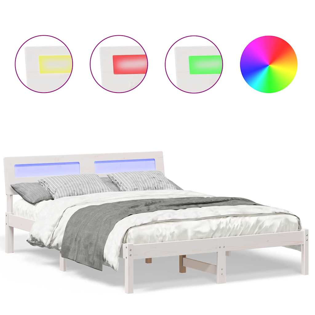 Sengestamme med LED -stripelys Hvit 140 x 190 cm Heltre furu
