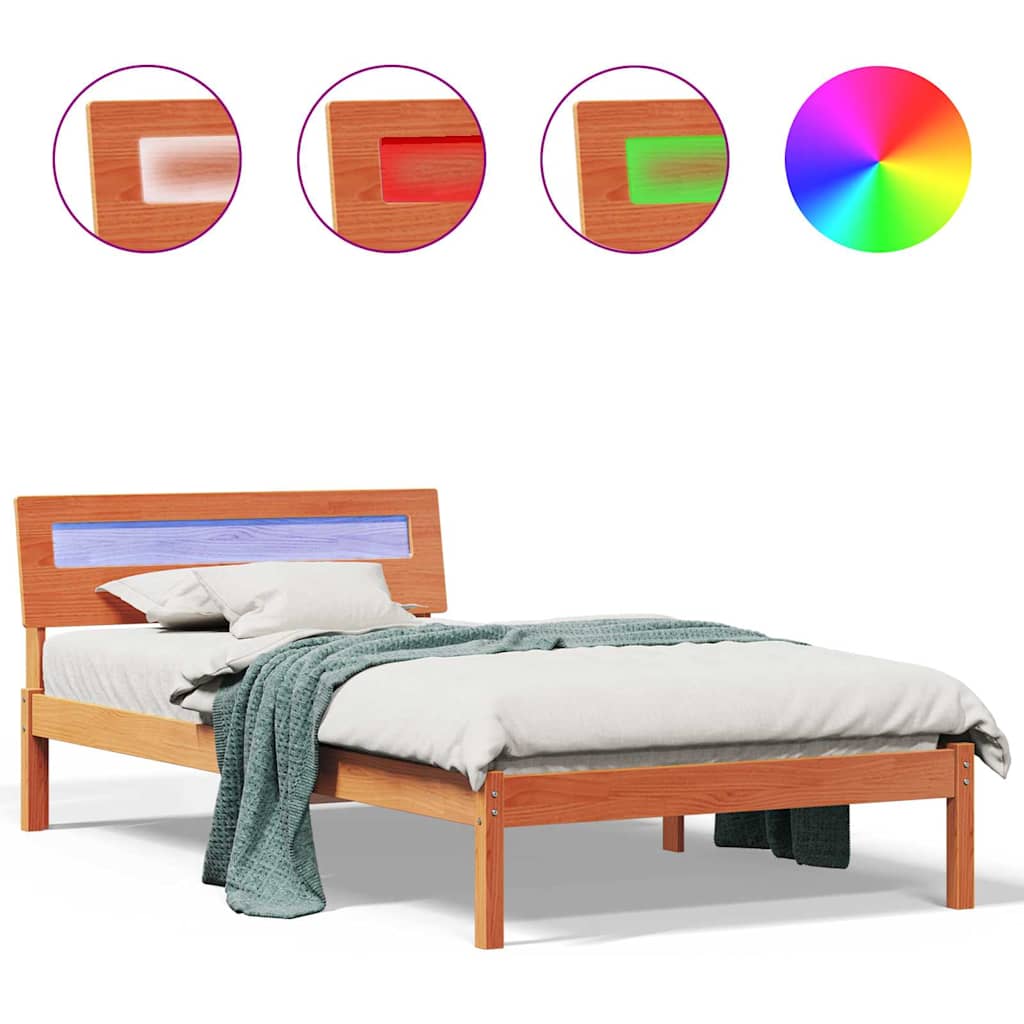 Sengestamme med LED -stripelys Voksbrun 90 x 200 cm Heltre furu