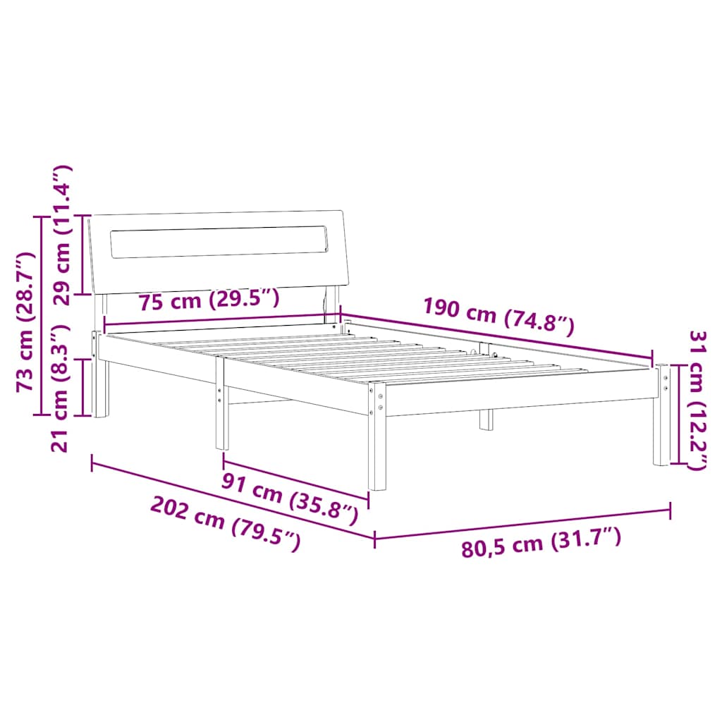 Sengestamme med hodegjerde Vokset Brun 75 x 190 cm Massiv furu