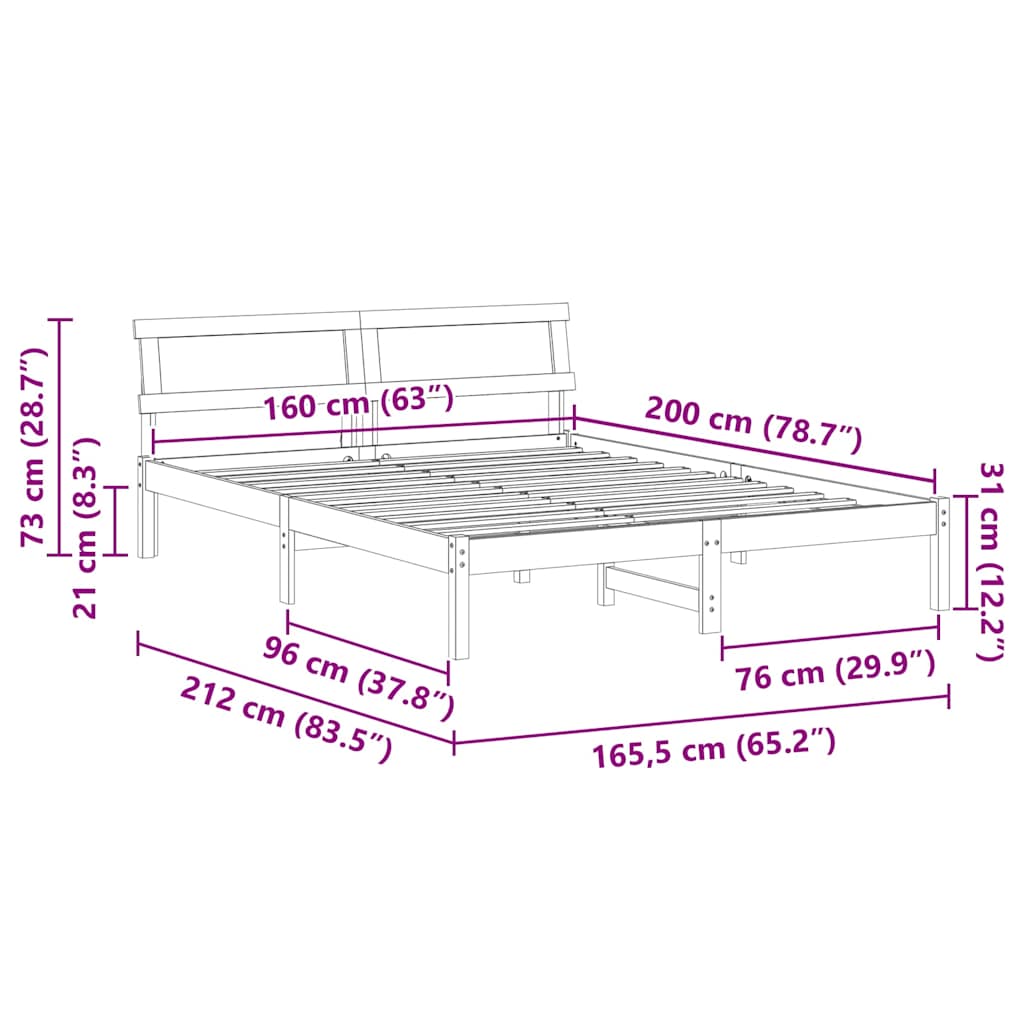 Sengestamme med LED -stripelys Brun 160 x 200 cm Heltre furu