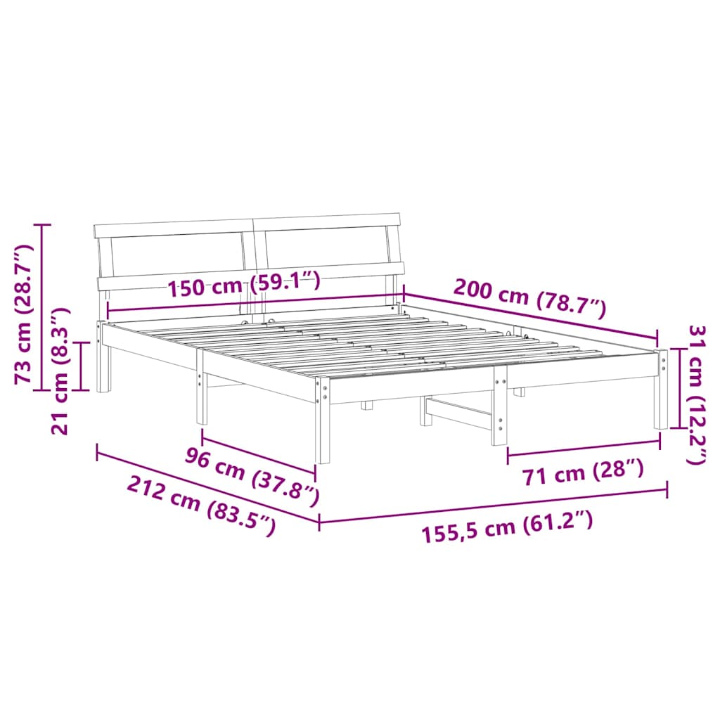Sengestamme med hodegjerde Brun 150 x 200 cm Massiv furu