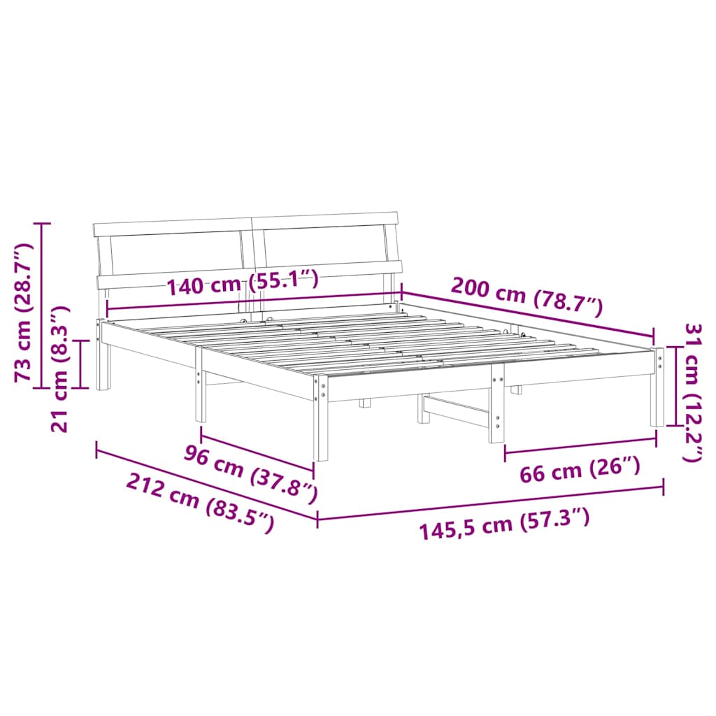 Sengestamme med LED -stripelys Hvit 140 x 200 cm Heltre furu