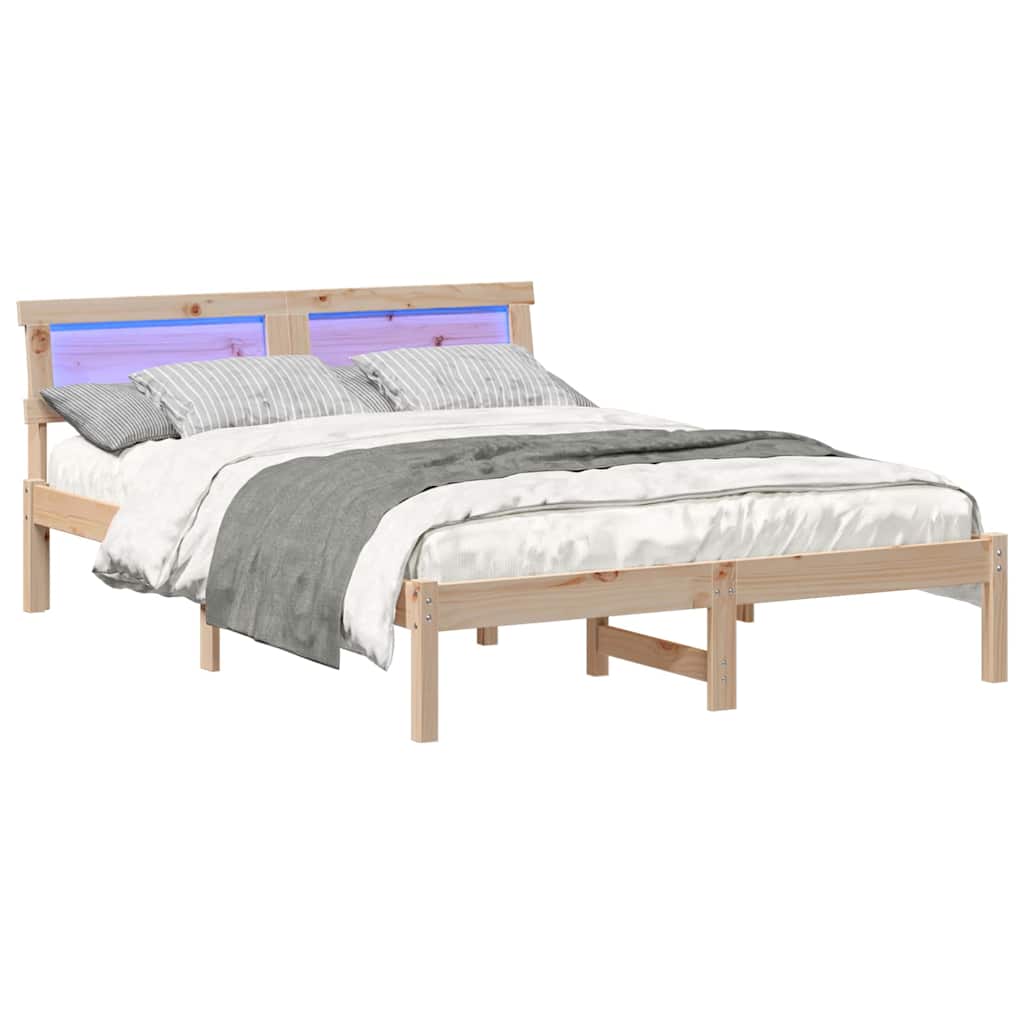 Sengestamme med LED -stripelys Brun 140 x 190 cm Heltre furu