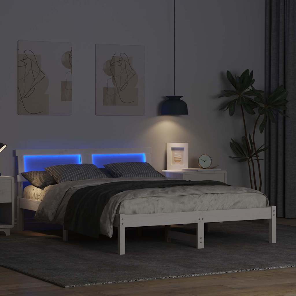 Sengestamme med LED -stripelys Hvit 140 x 190 cm Heltre furu