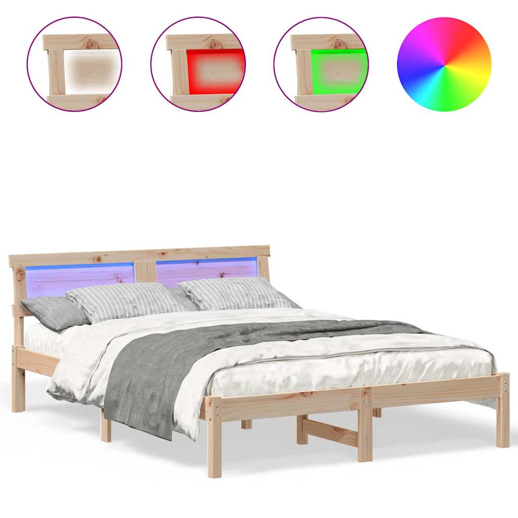Sengestamme med LED -stripelys Brun 135 x 190 cm Heltre furu