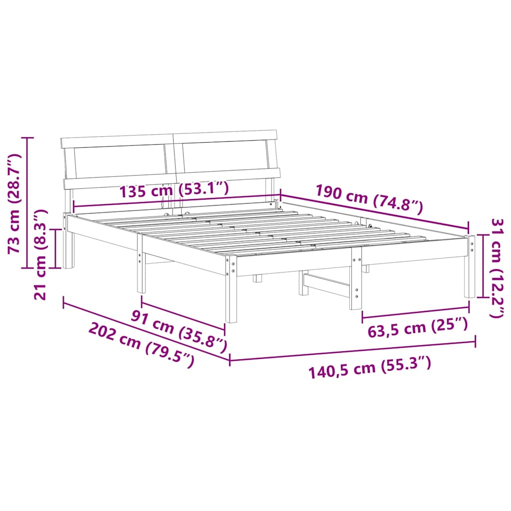 Sengestamme med hodegjerde Hvit 135 x 190 cm Massiv furu